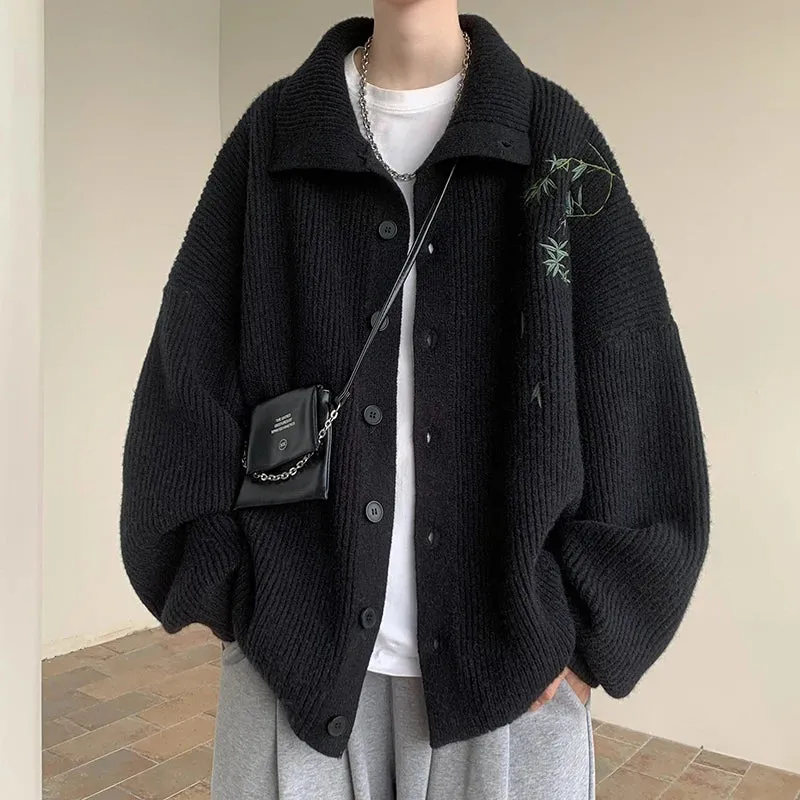 Wiaofellas  -  Men's Embroidery New Sweater Cardigan Coat Autumn Turn-down Collar Casual Jackets Knitted Sweater Knit Jumper Rice White/Black