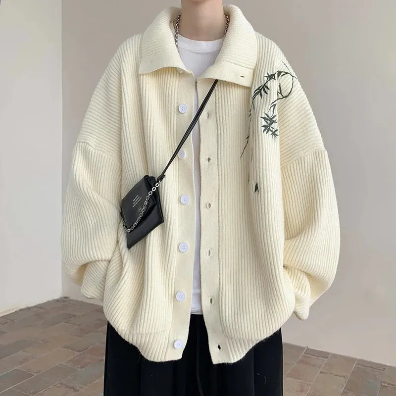 Wiaofellas  -  Men's Embroidery New Sweater Cardigan Coat Autumn Turn-down Collar Casual Jackets Knitted Sweater Knit Jumper Rice White/Black