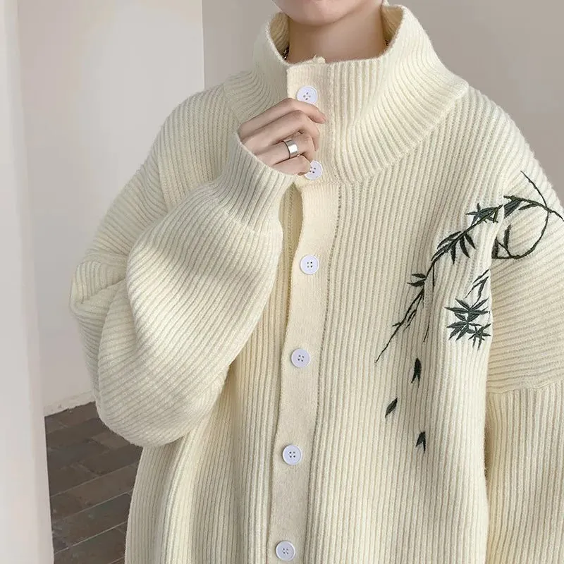 Wiaofellas  -  Men's Embroidery New Sweater Cardigan Coat Autumn Turn-down Collar Casual Jackets Knitted Sweater Knit Jumper Rice White/Black