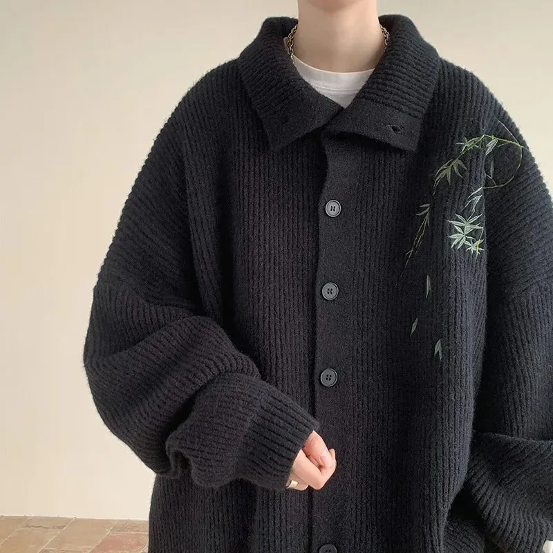 Wiaofellas  -  Men's Embroidery New Sweater Cardigan Coat Autumn Turn-down Collar Casual Jackets Knitted Sweater Knit Jumper Rice White/Black