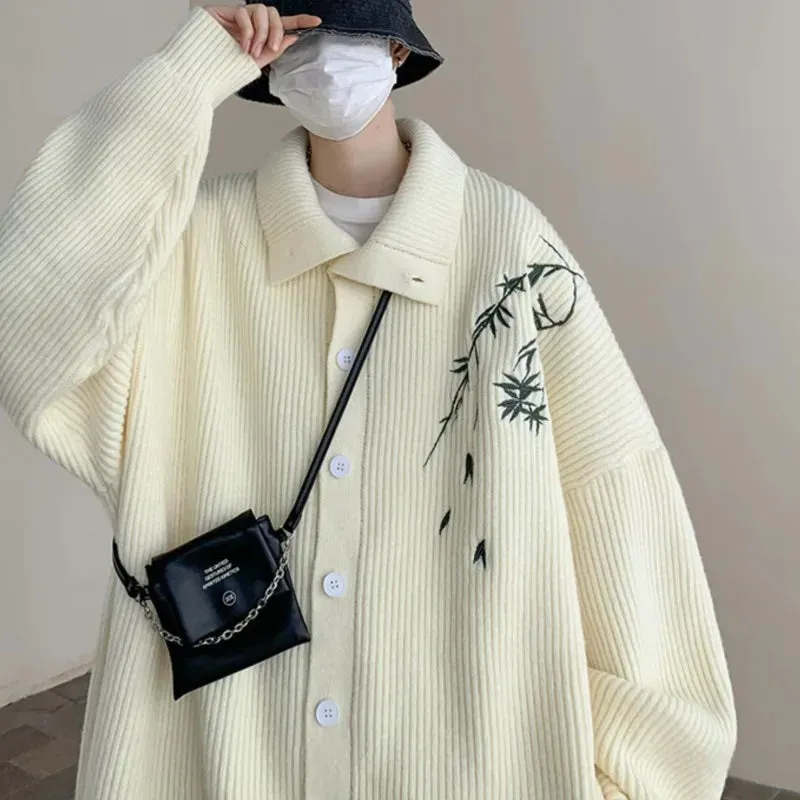 Wiaofellas  -  Men's Embroidery New Sweater Cardigan Coat Autumn Turn-down Collar Casual Jackets Knitted Sweater Knit Jumper Rice White/Black