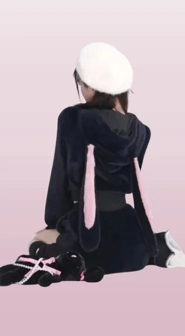 Wintertime Bunny Hop       Goth   Warm Hoodie Sweater Top with Optional Shorts Set Dark Academia Kawaii Academia Y2K Cottagecore Coquette Fairycore Dollette Princesscore Bottoms
