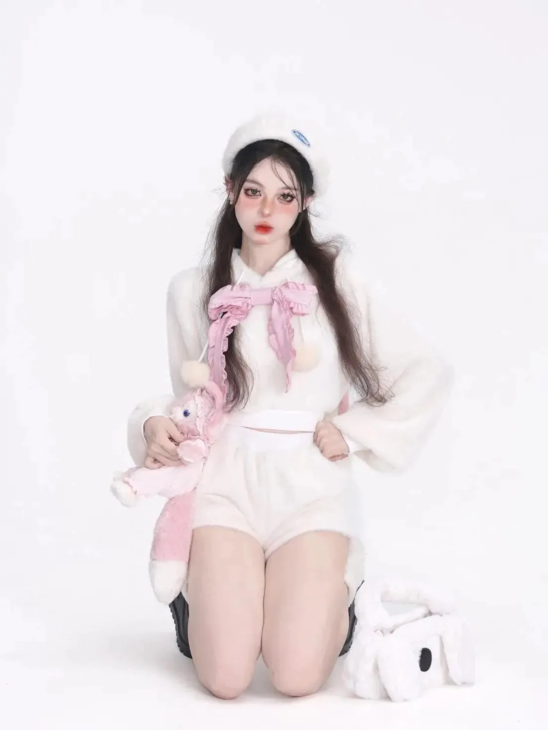 Wintertime Bunny Hop       Goth   Warm Hoodie Sweater Top with Optional Shorts Set Dark Academia Kawaii Academia Y2K Cottagecore Coquette Fairycore Dollette Princesscore Bottoms