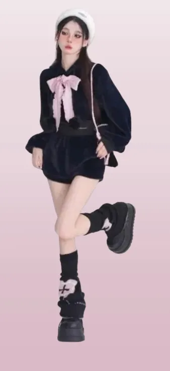 Wintertime Bunny Hop       Goth   Warm Hoodie Sweater Top with Optional Shorts Set Dark Academia Kawaii Academia Y2K Cottagecore Coquette Fairycore Dollette Princesscore Bottoms