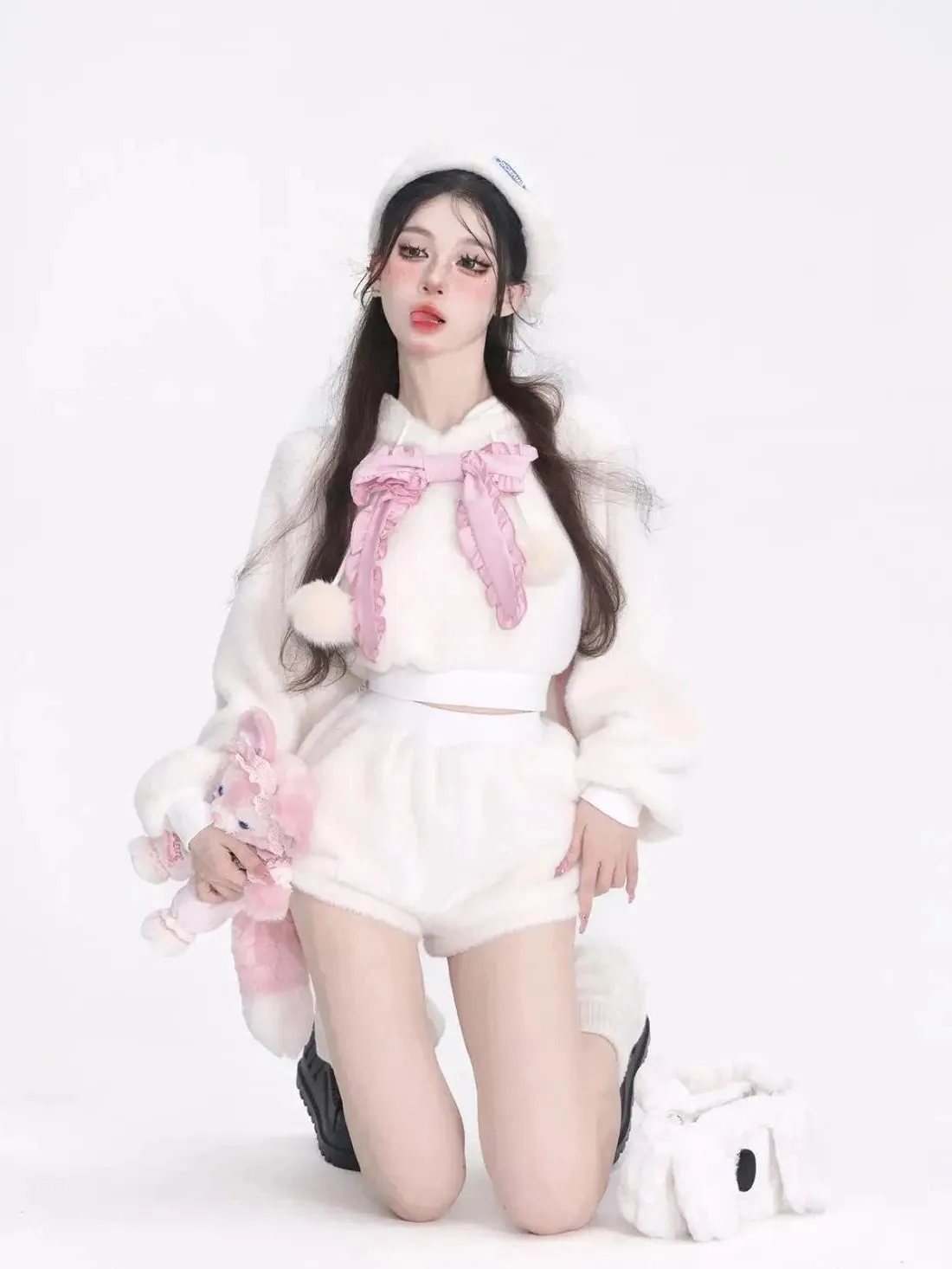 Wintertime Bunny Hop       Goth   Warm Hoodie Sweater Top with Optional Shorts Set Dark Academia Kawaii Academia Y2K Cottagecore Coquette Fairycore Dollette Princesscore Bottoms