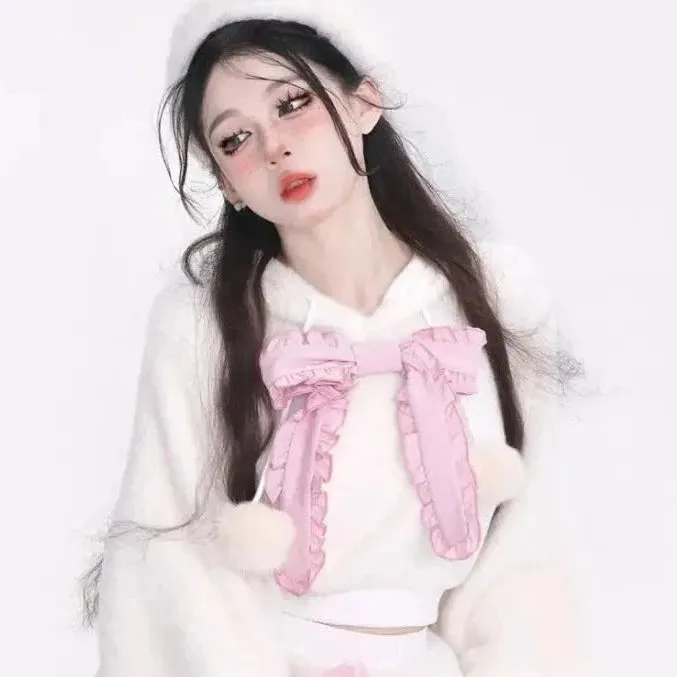 Wintertime Bunny Hop       Goth   Warm Hoodie Sweater Top with Optional Shorts Set Dark Academia Kawaii Academia Y2K Cottagecore Coquette Fairycore Dollette Princesscore Bottoms