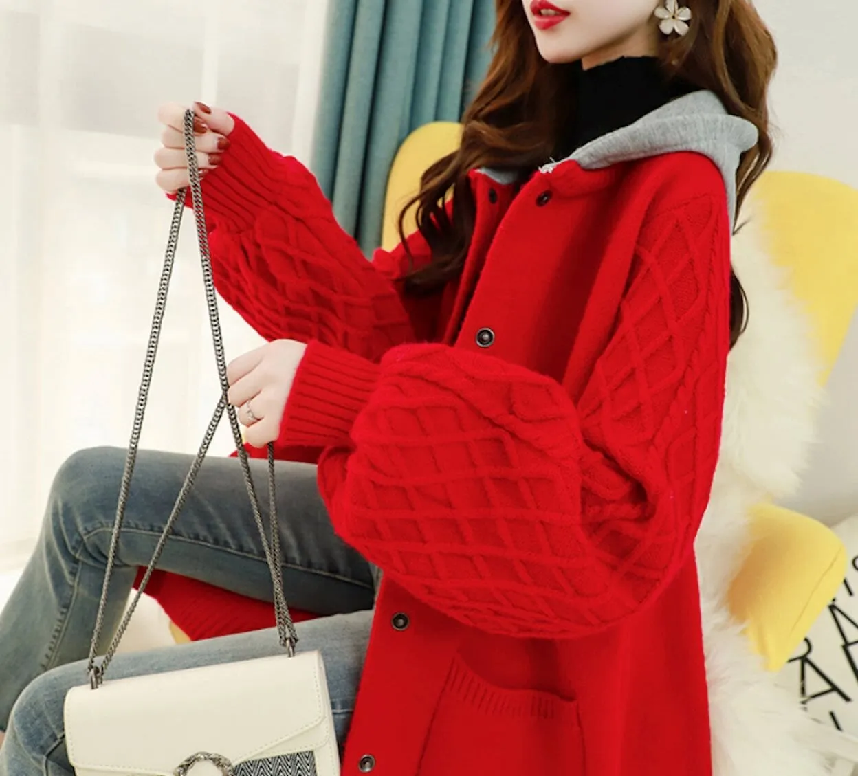 Womens Hooded Mid Length Cardigan