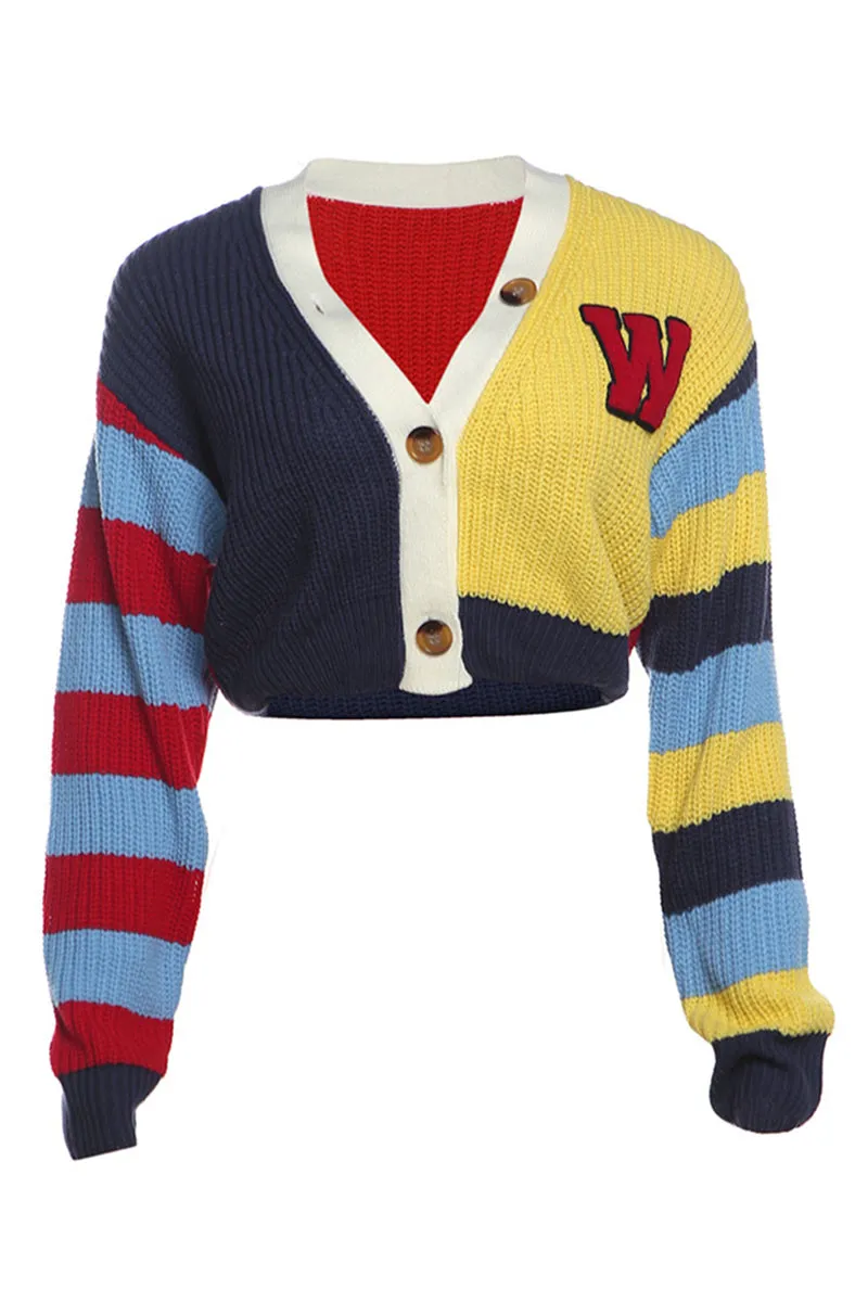 Y2K Colorful Letter Knit Button Crop Sweater