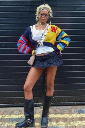 Y2K Colorful Letter Knit Button Crop Sweater