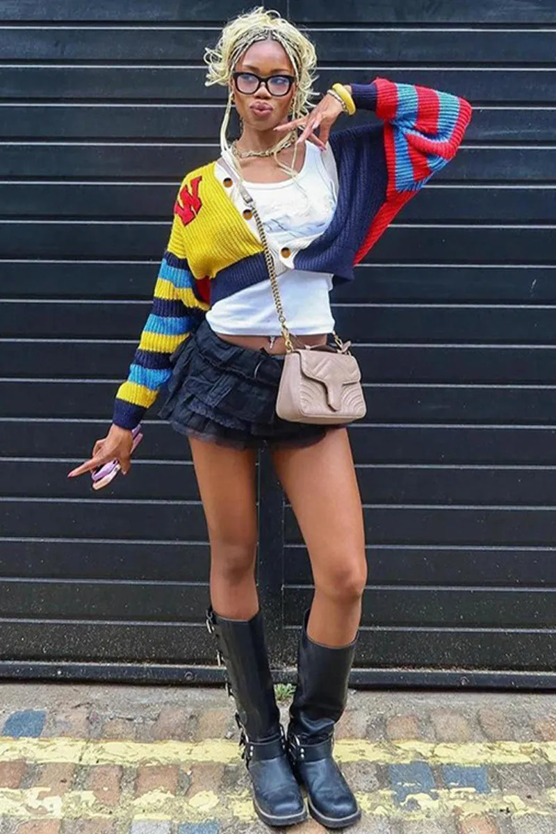 Y2K Colorful Letter Knit Button Crop Sweater
