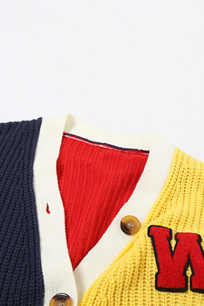 Y2K Colorful Letter Knit Button Crop Sweater