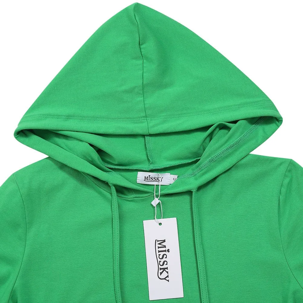 YESFASHION Women Short Sleeve Pullover Stripe Keen Length Slim Hoodie Dress with Kangaroo Pocket for Causal for Spring Summer Autumn, Green, Large