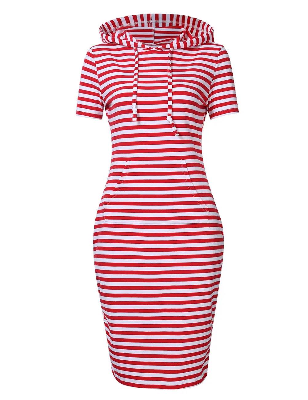 YESFASHION Women Short Sleeve Pullover Stripe Keen Length Slim Hoodie Dress with Kangaroo Pocket for Causal for Spring Summer Autumn, Green, Large