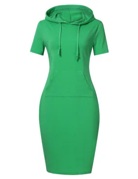 YESFASHION Women Short Sleeve Pullover Stripe Keen Length Slim Hoodie Dress with Kangaroo Pocket for Causal for Spring Summer Autumn, Green, Large